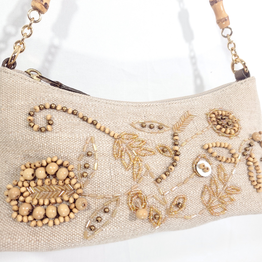 Talbots Linen Jute Beaded Embroidered Handbag Purse - Picture 3 of 6